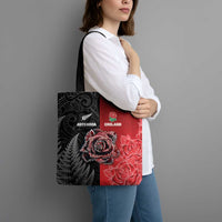 New Zealand And England Rugby Tote Bag Red Rose Mix Maori Pattern - Polynesian Pride