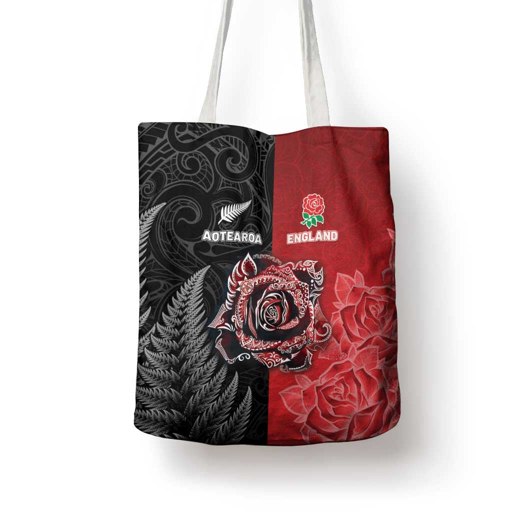New Zealand And England Rugby Tote Bag Red Rose Mix Maori Pattern - Polynesian Pride