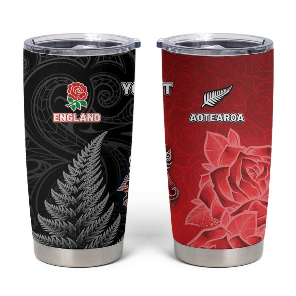 New Zealand And England Rugby Custom Tumbler Cup Red Rose Mix Maori Pattern - Polynesian Pride