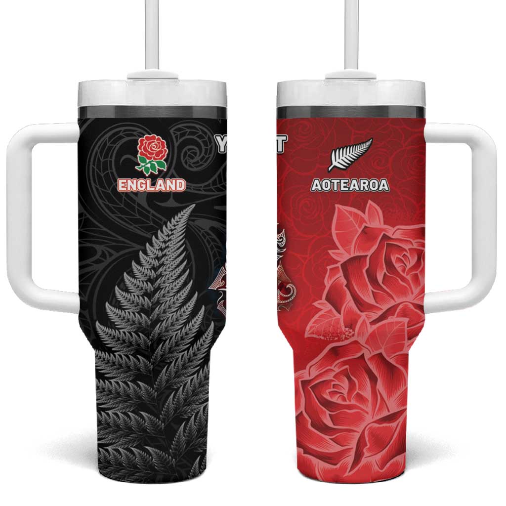 New Zealand And England Rugby Custom Tumbler With Handle Red Rose Mix Maori Pattern - Polynesian Pride