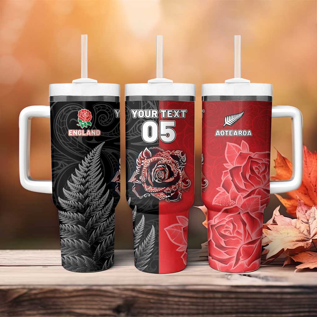 New Zealand And England Rugby Custom Tumbler With Handle Red Rose Mix Maori Pattern - Polynesian Pride