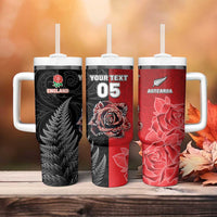 New Zealand And England Rugby Custom Tumbler With Handle Red Rose Mix Maori Pattern - Polynesian Pride