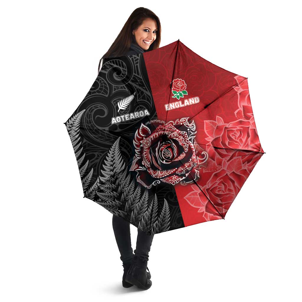 New Zealand And England Rugby Umbrella Red Rose Mix Maori Pattern - Polynesian Pride