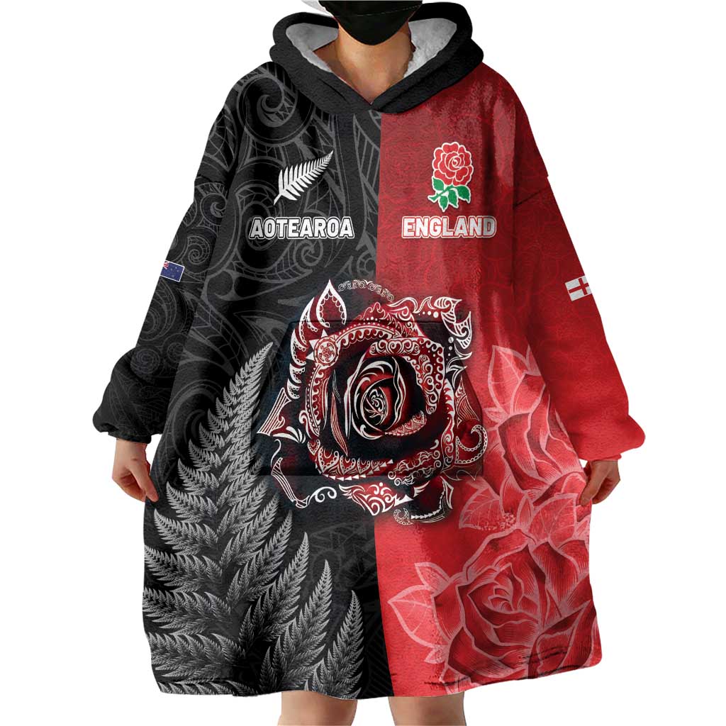 New Zealand And England Rugby Custom Wearable Blanket Hoodie Red Rose Mix Maori Pattern - Polynesian Pride