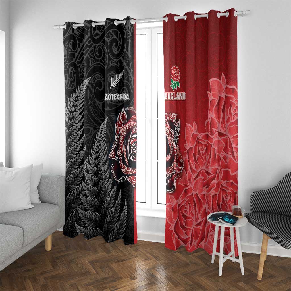New Zealand And England Rugby Window Curtain Red Rose Mix Maori Pattern - Polynesian Pride