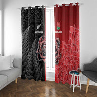 New Zealand And England Rugby Window Curtain Red Rose Mix Maori Pattern - Polynesian Pride