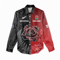 New Zealand And England Rugby Custom Women Casual Shirt Red Rose Mix Maori Pattern - Polynesian Pride