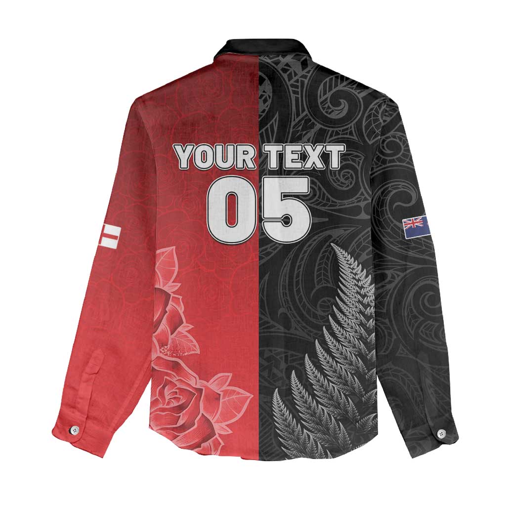 New Zealand And England Rugby Custom Women Casual Shirt Red Rose Mix Maori Pattern - Polynesian Pride