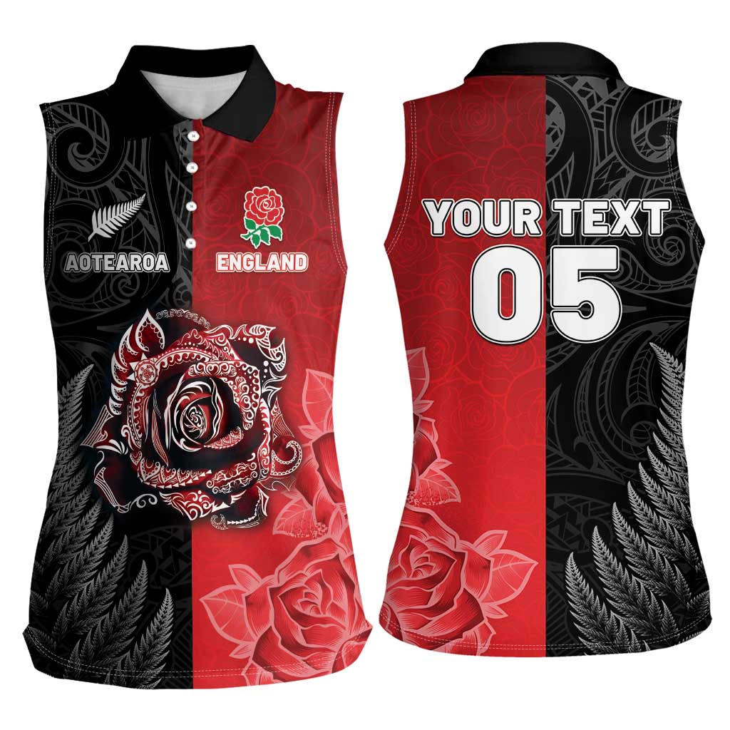 New Zealand And England Rugby Custom Women Sleeveless Polo Shirt Red Rose Mix Maori Pattern - Polynesian Pride