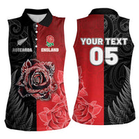 New Zealand And England Rugby Custom Women Sleeveless Polo Shirt Red Rose Mix Maori Pattern - Polynesian Pride