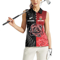 New Zealand And England Rugby Custom Women Sleeveless Polo Shirt Red Rose Mix Maori Pattern - Polynesian Pride