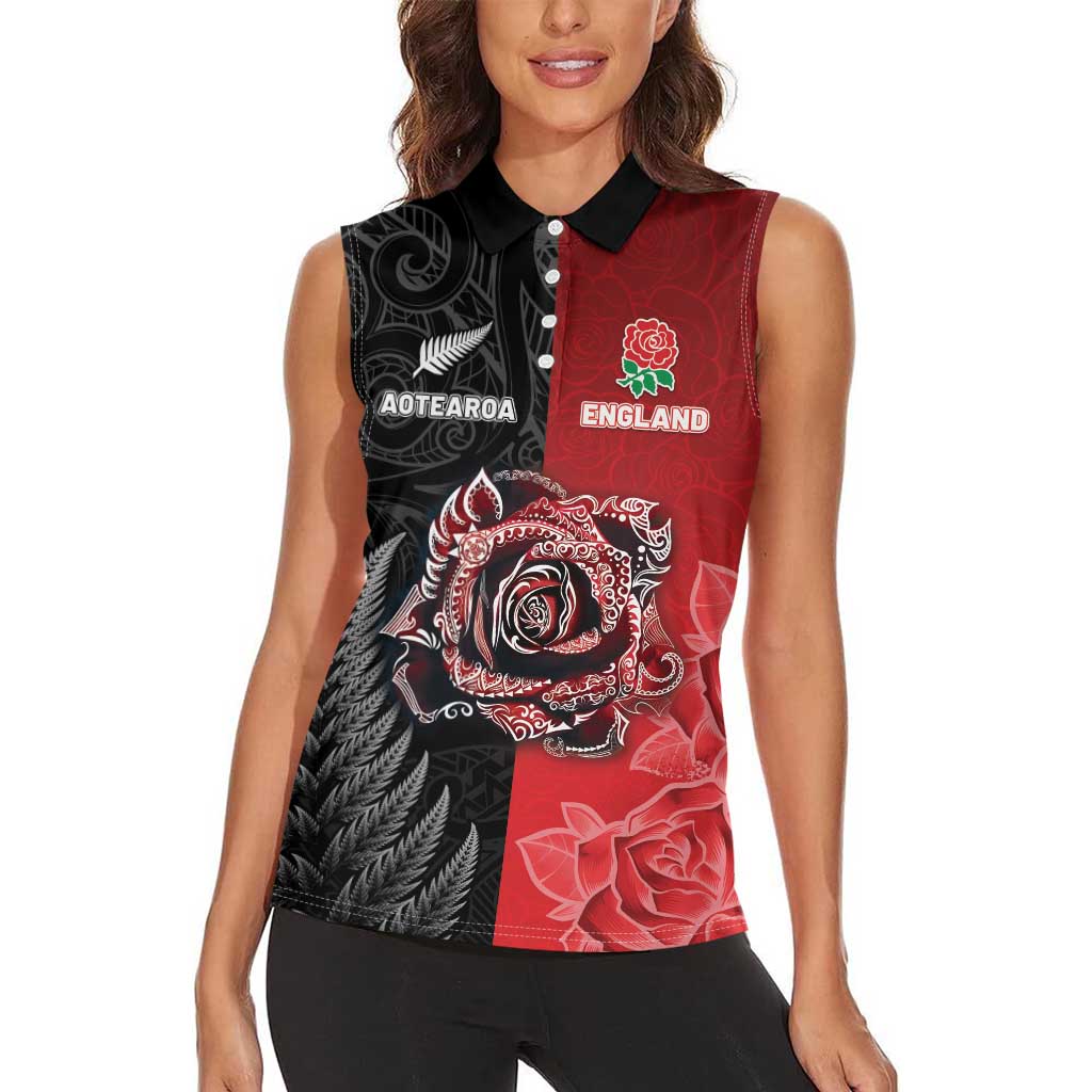 New Zealand And England Rugby Custom Women Sleeveless Polo Shirt Red Rose Mix Maori Pattern - Polynesian Pride