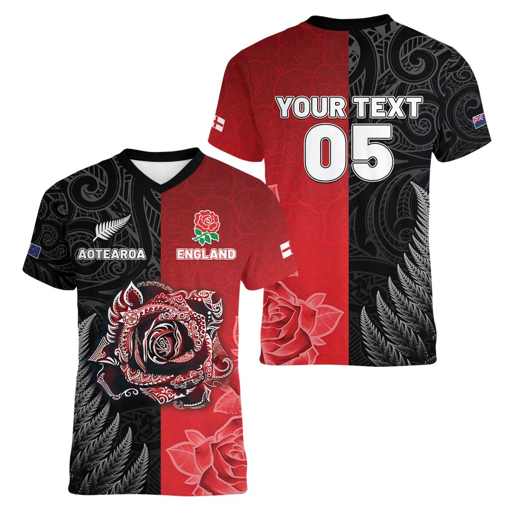New Zealand And England Rugby Custom Women V-Neck T-Shirt Red Rose Mix Maori Pattern - Polynesian Pride
