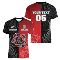 New Zealand And England Rugby Custom Women V-Neck T-Shirt Red Rose Mix Maori Pattern - Polynesian Pride