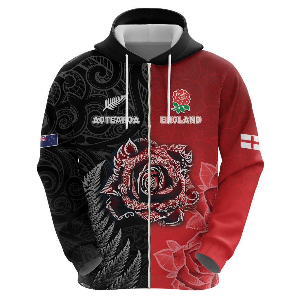 New Zealand And England Rugby Custom Zip Hoodie Red Rose Mix Maori Pattern - Polynesian Pride