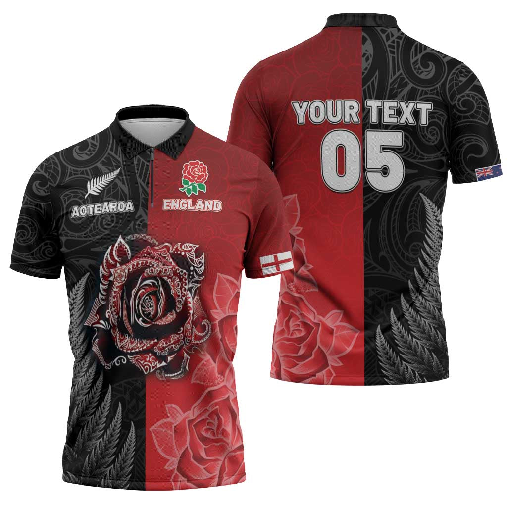 New Zealand And England Rugby Custom Zipper Polo Shirt Red Rose Mix Maori Pattern - Polynesian Pride
