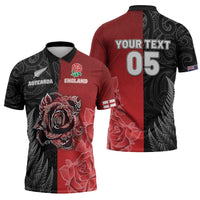 New Zealand And England Rugby Custom Zipper Polo Shirt Red Rose Mix Maori Pattern - Polynesian Pride