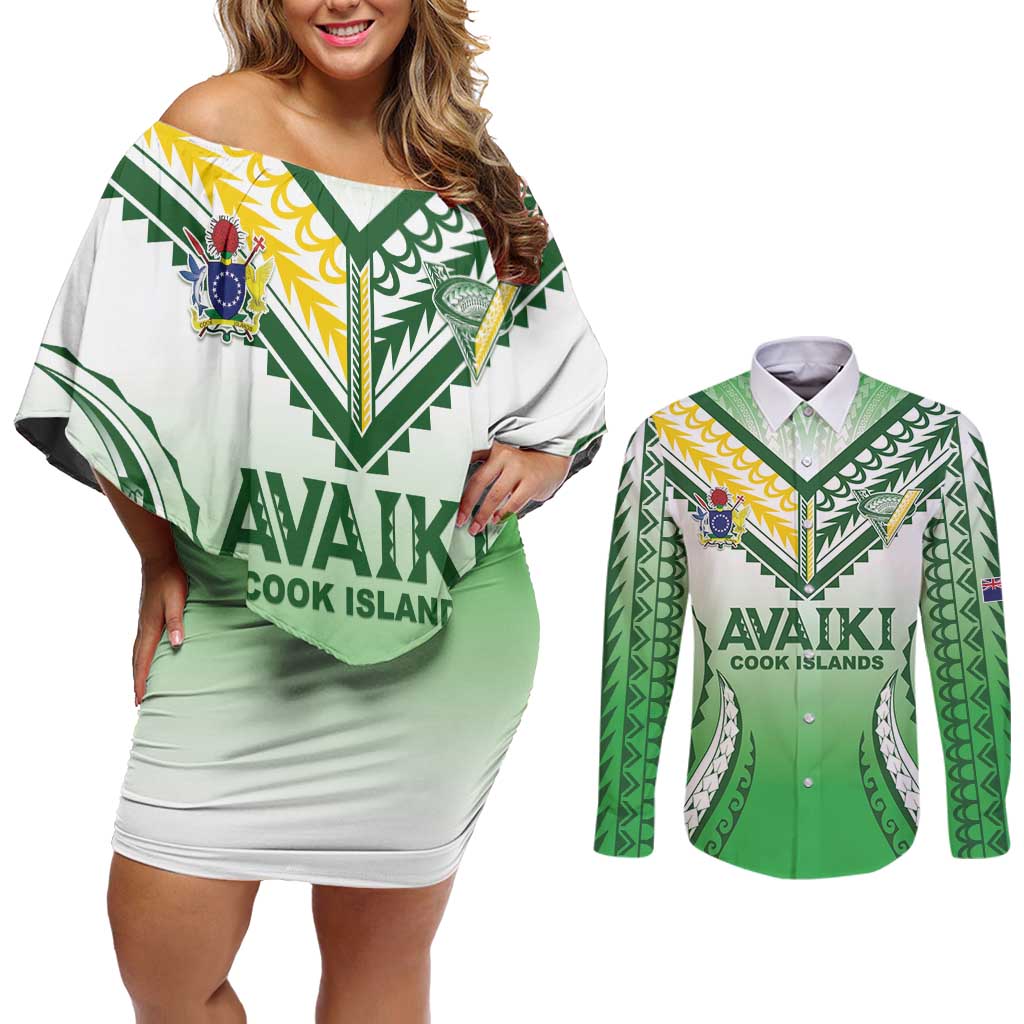 Custom Cook Islands Avaiki Rugby Couples Matching Off Shoulder Short Dress and Long Sleeve Button Shirt Go Champions - Polynesian Pride