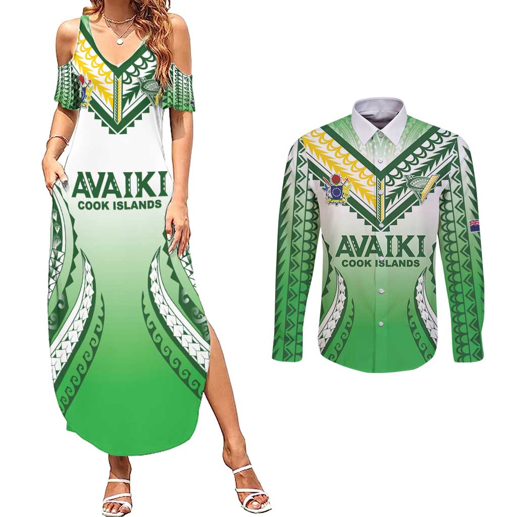 Custom Cook Islands Avaiki Rugby Couples Matching Summer Maxi Dress and Long Sleeve Button Shirt Go Champions - Polynesian Pride