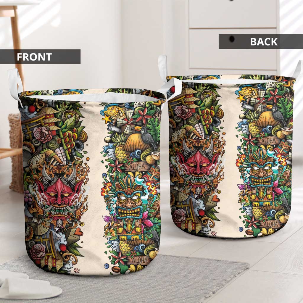 Hawaii And Japan Laundry Basket Tiki With Oni Mask - Polynesian Pride