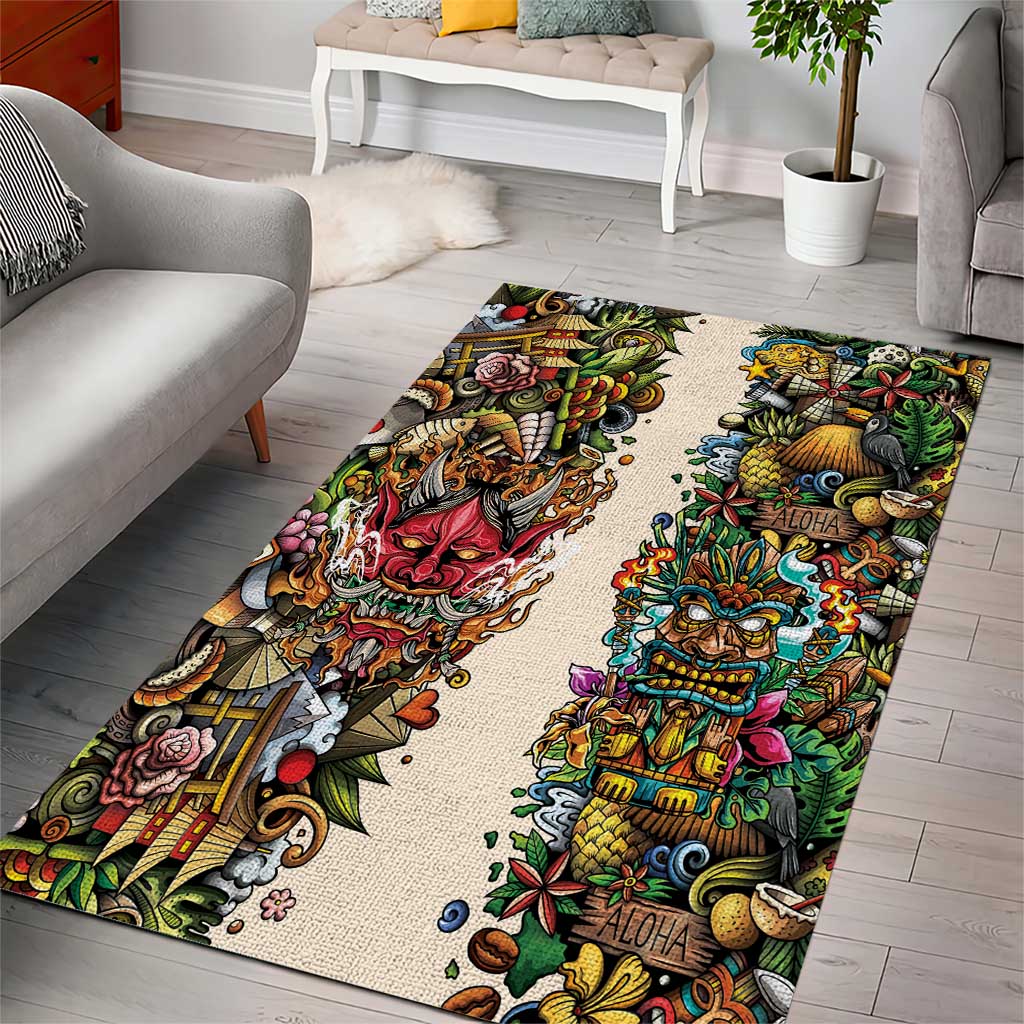 Hawaii And Japan Area Rug Tiki With Oni Mask - Polynesian Pride