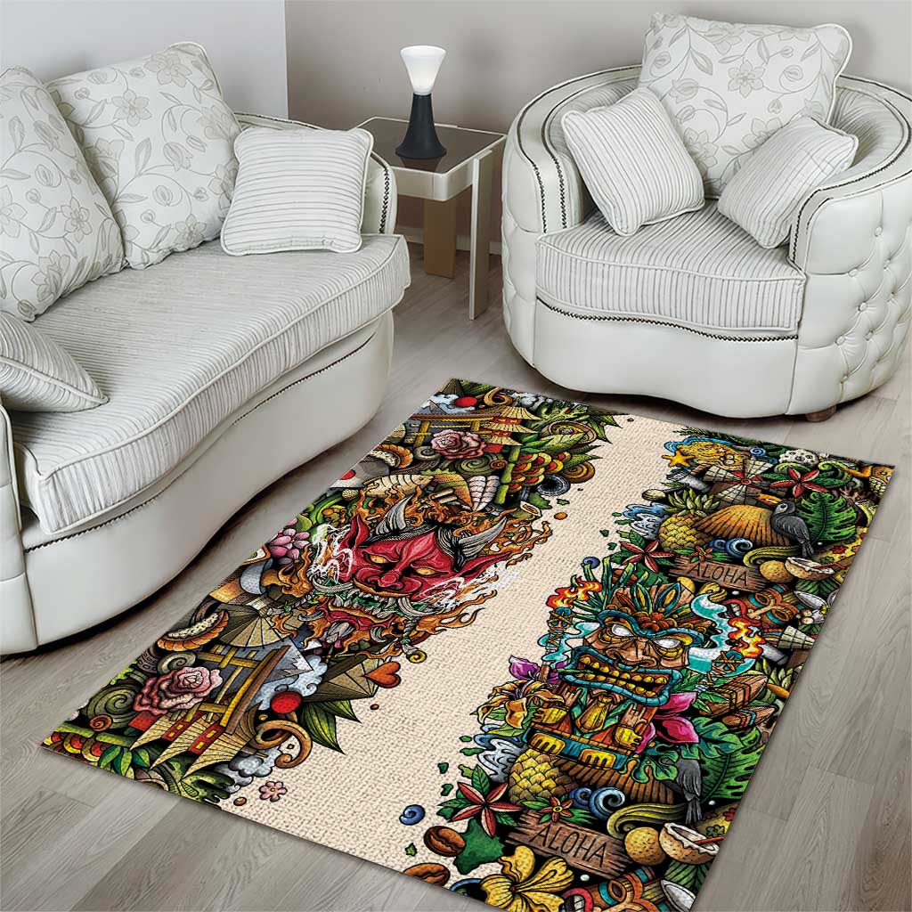 Hawaii And Japan Area Rug Tiki With Oni Mask - Polynesian Pride