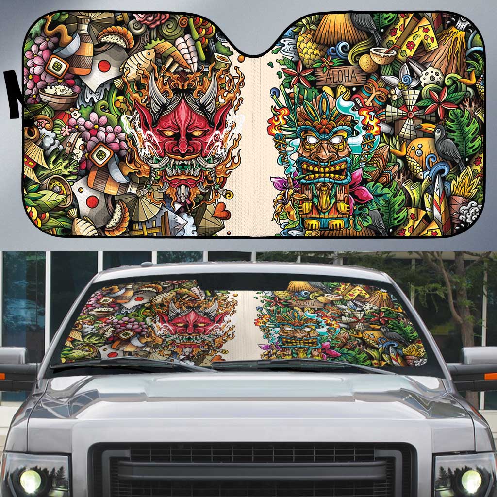 Hawaii And Japan Auto Sun Shade Tiki With Oni Mask - Polynesian Pride