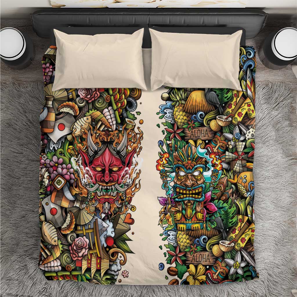 Hawaii And Japan Bedding Set Tiki With Oni Mask - Polynesian Pride