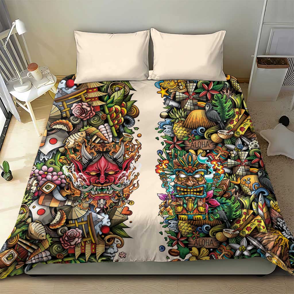 Hawaii And Japan Bedding Set Tiki With Oni Mask - Polynesian Pride