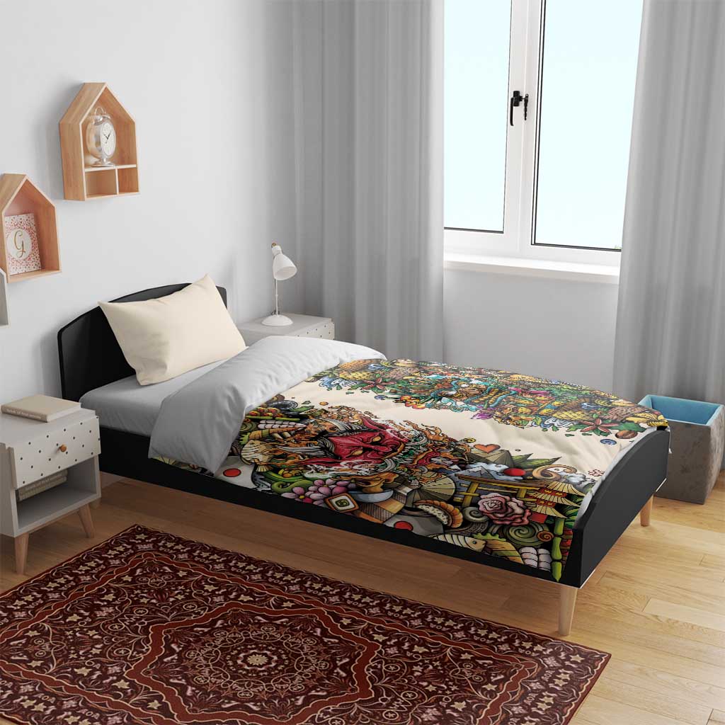 Hawaii And Japan Bedding Set Tiki With Oni Mask - Polynesian Pride