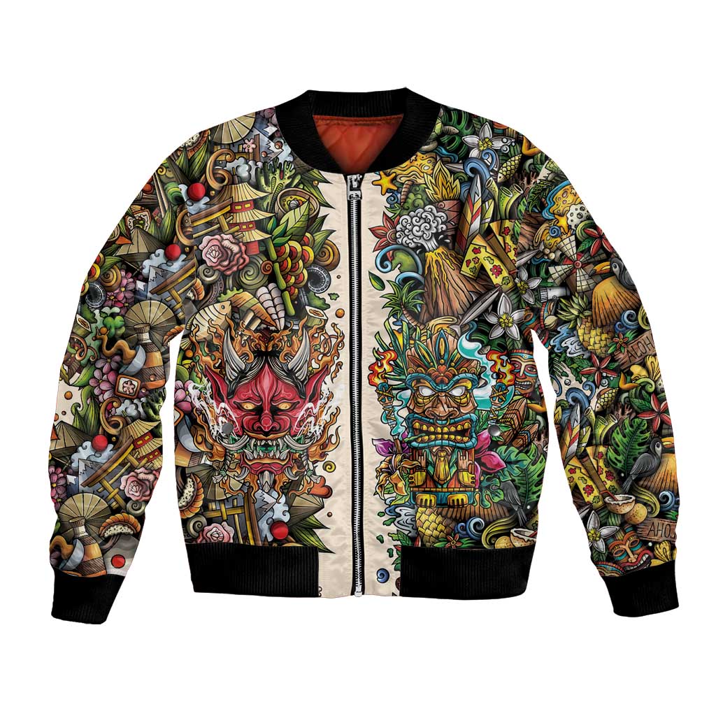 Hawaii And Japan Bomber Jacket Tiki With Oni Mask LT05 Unisex Colorful - Polynesian Pride