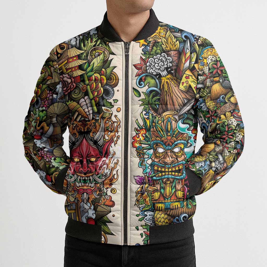 Hawaii And Japan Bomber Puffer Jacket Tiki With Oni Mask - Polynesian Pride