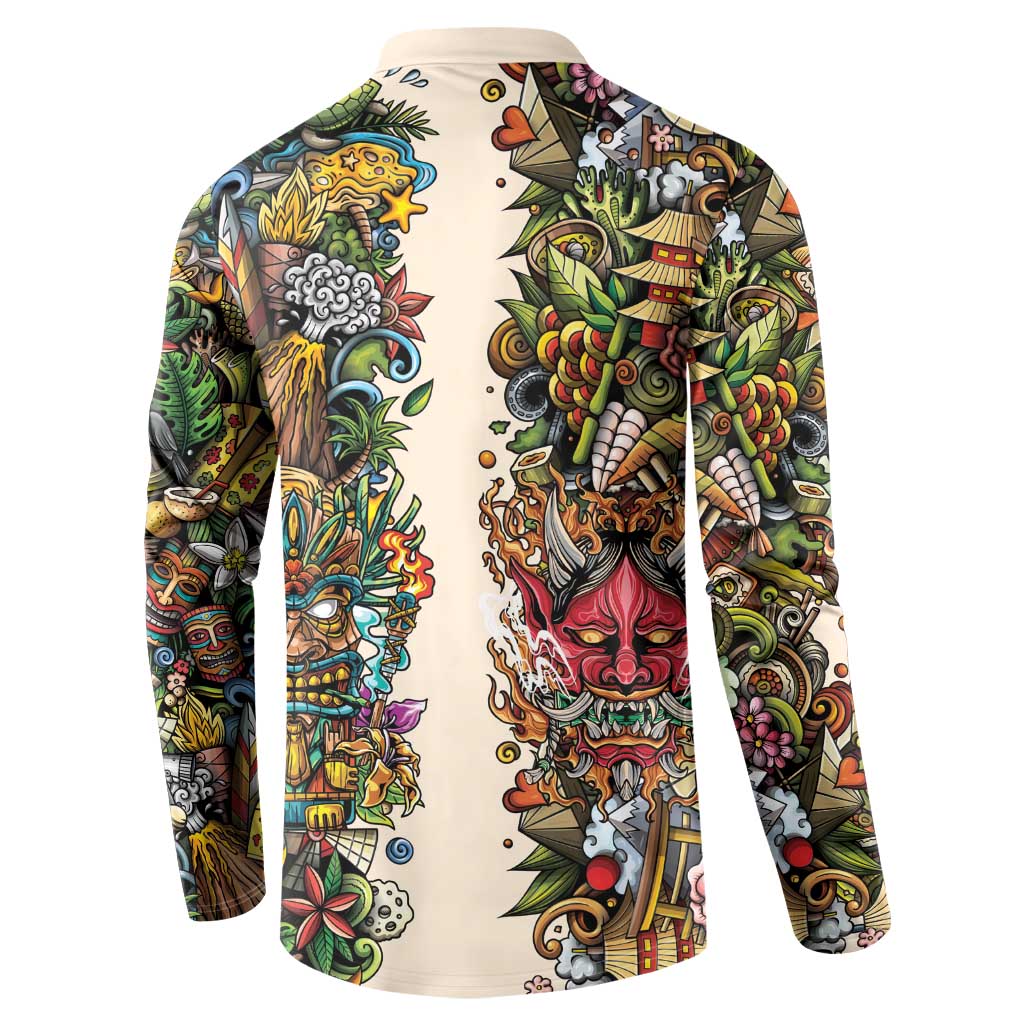 Hawaii And Japan Button Sweatshirt Tiki With Oni Mask - Polynesian Pride