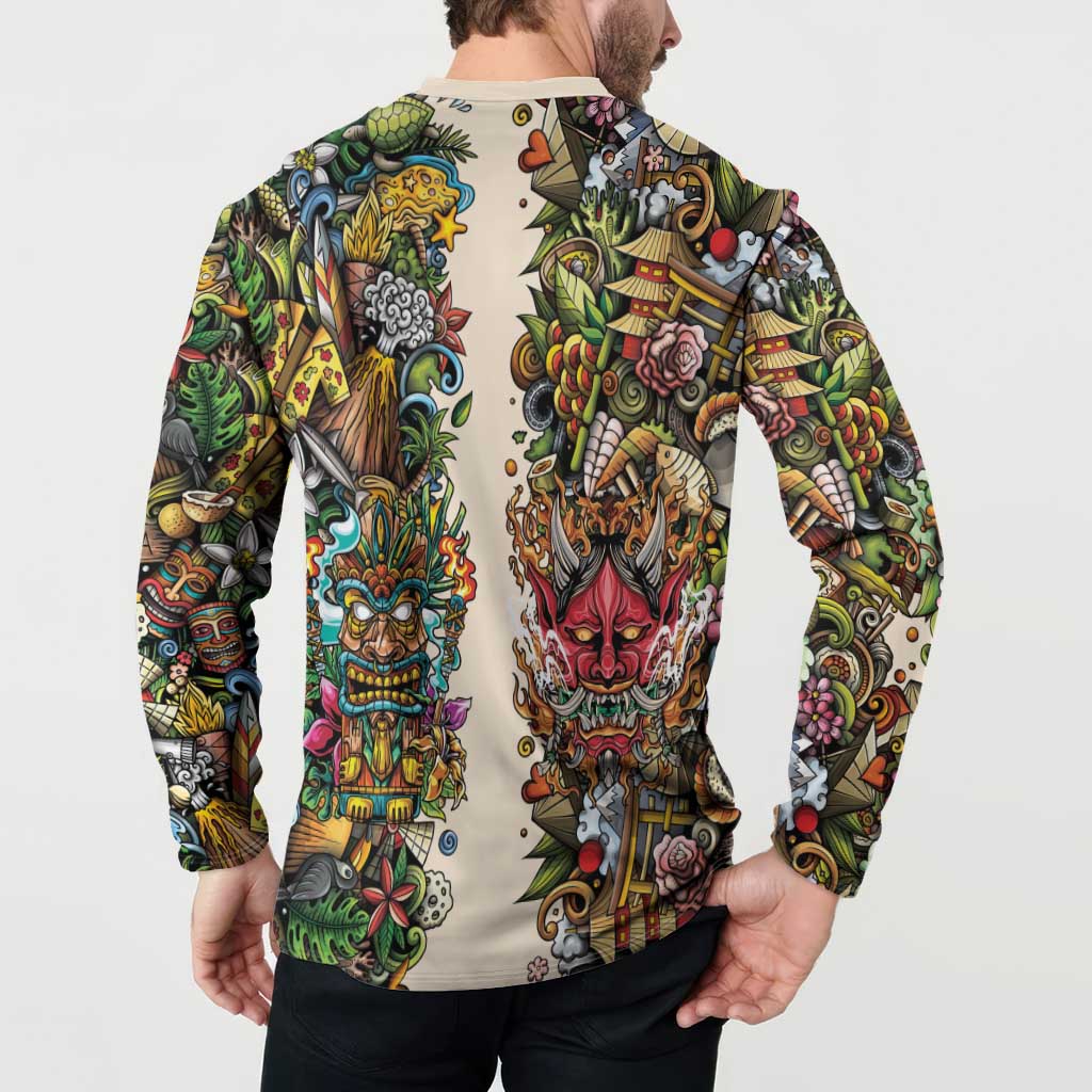 Hawaii And Japan Button Sweatshirt Tiki With Oni Mask - Polynesian Pride