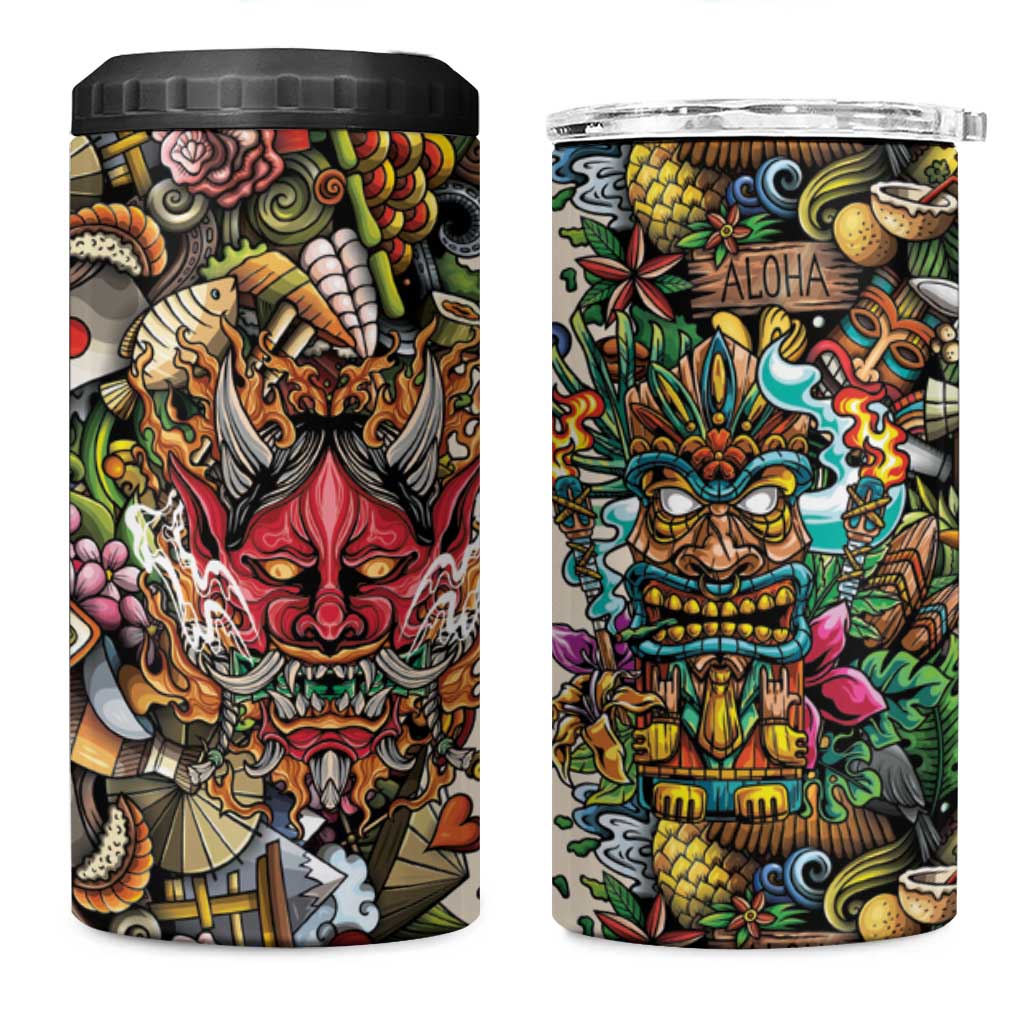 Hawaii And Japan 4 in 1 Can Cooler Tumbler Tiki With Oni Mask - Polynesian Pride