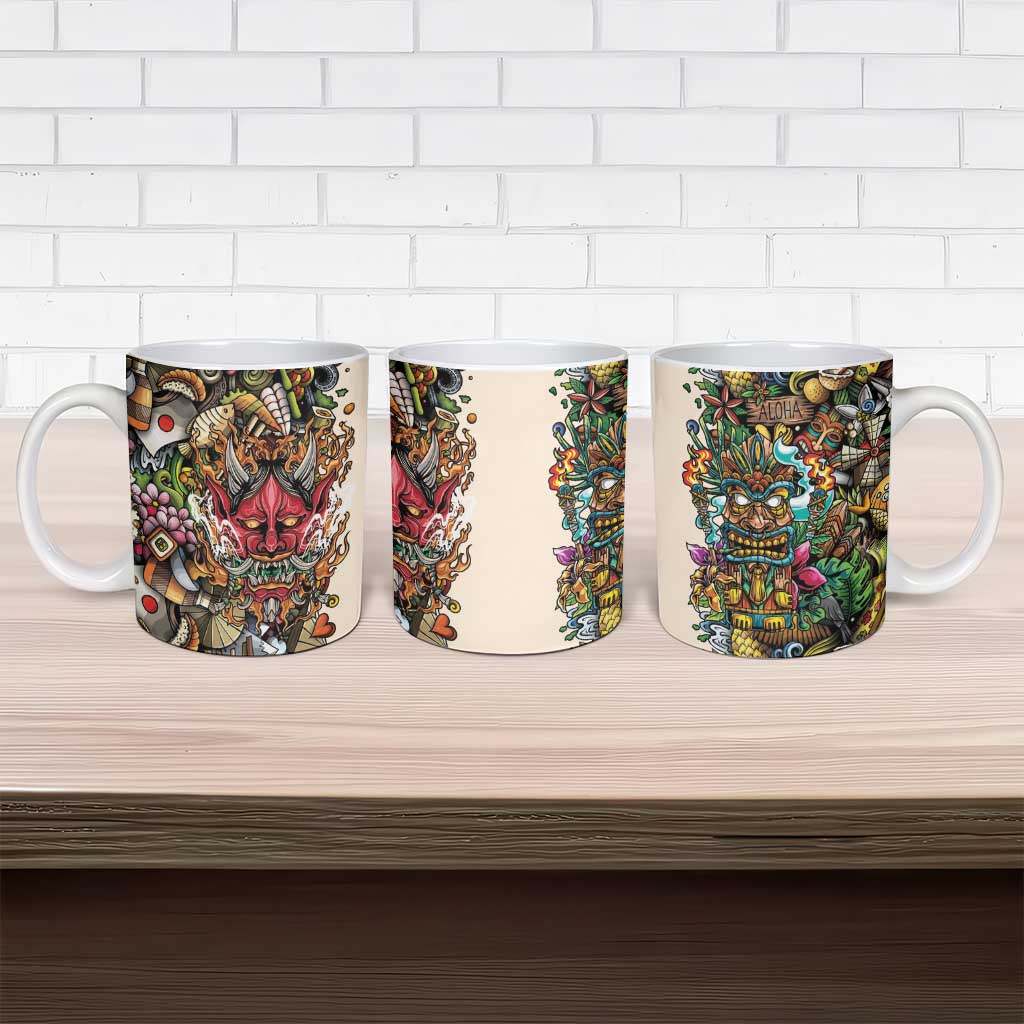 Hawaii And Japan Ceramic Mug Tiki With Oni Mask - Polynesian Pride