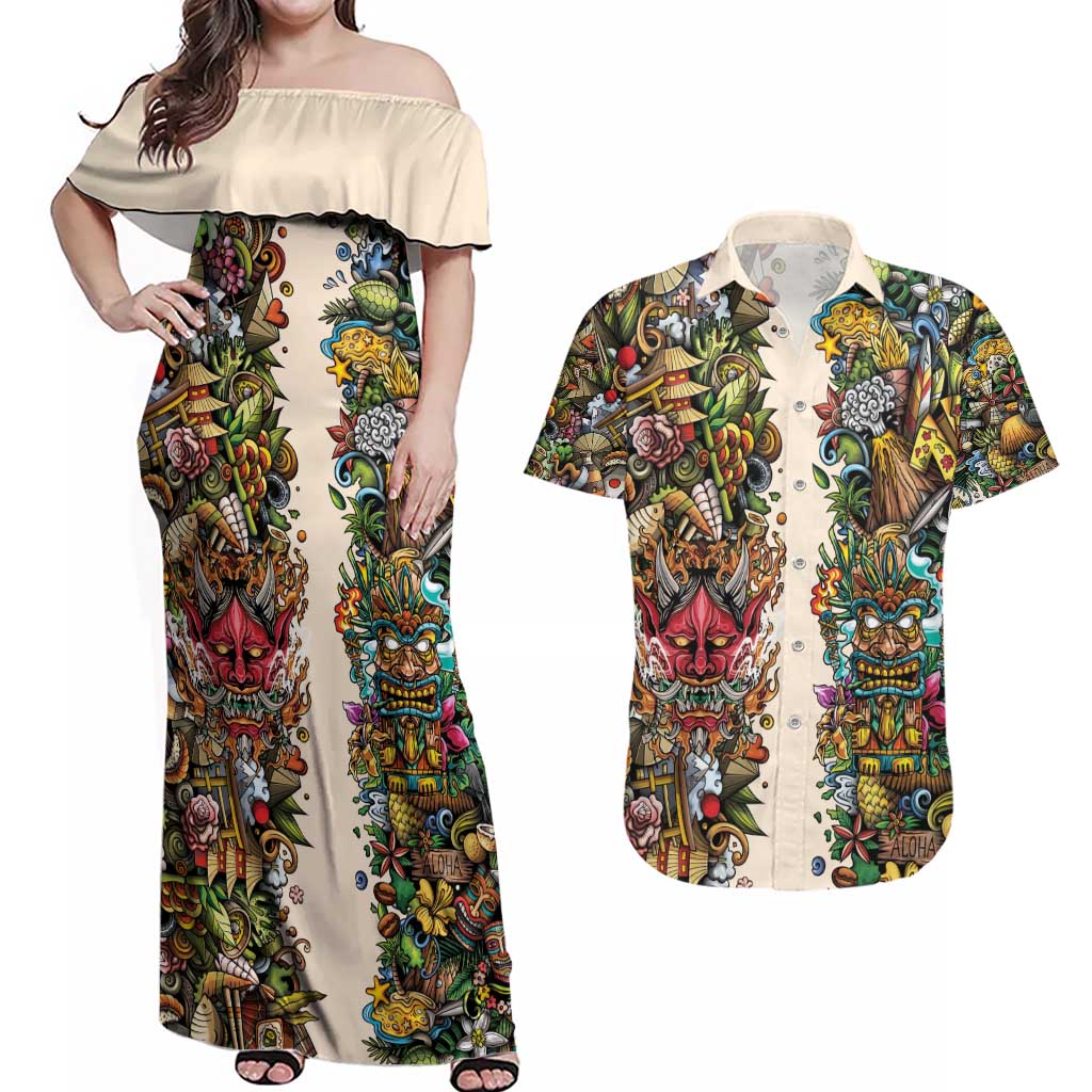 Hawaii And Japan Couples Matching Off Shoulder Maxi Dress and Hawaiian Shirt Tiki With Oni Mask - Polynesian Pride