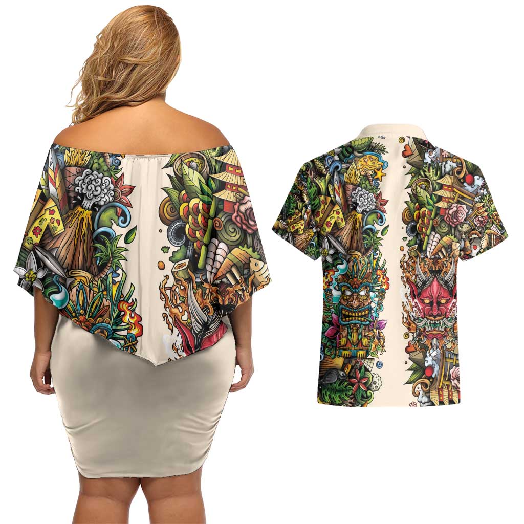 Hawaii And Japan Couples Matching Off Shoulder Short Dress and Hawaiian Shirt Tiki With Oni Mask - Polynesian Pride