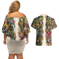 Hawaii And Japan Couples Matching Off Shoulder Short Dress and Hawaiian Shirt Tiki With Oni Mask - Polynesian Pride