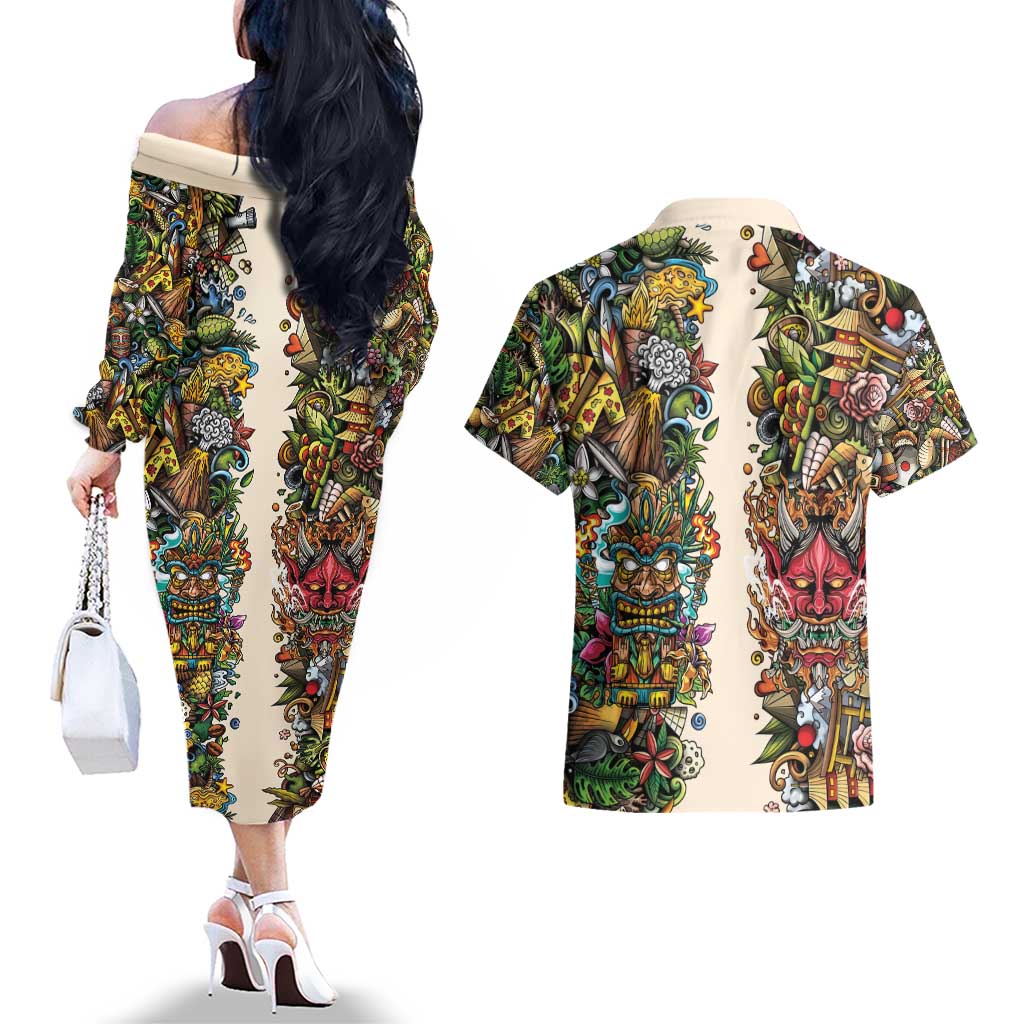 Hawaii And Japan Couples Matching Off The Shoulder Long Sleeve Dress and Hawaiian Shirt Tiki With Oni Mask - Polynesian Pride