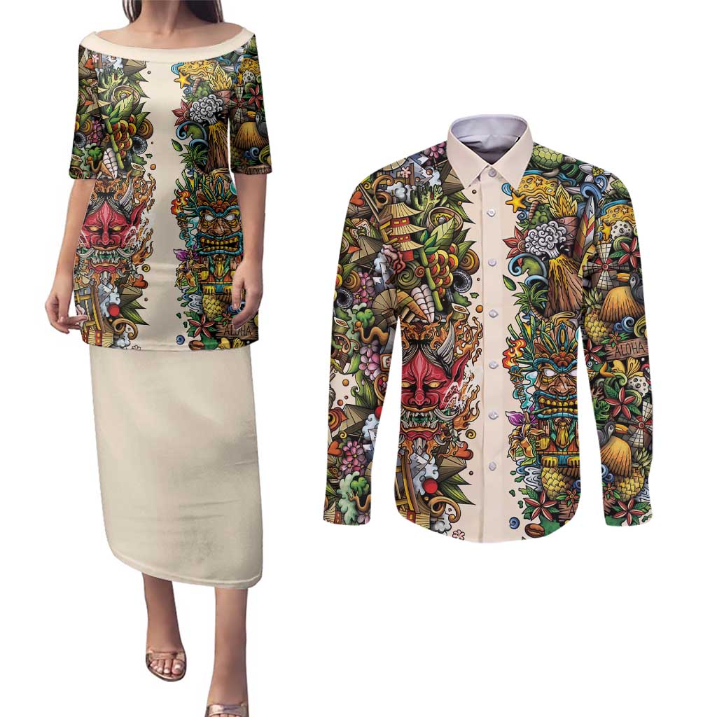 Hawaii And Japan Couples Matching Puletasi and Long Sleeve Button Shirt Tiki With Oni Mask - Polynesian Pride