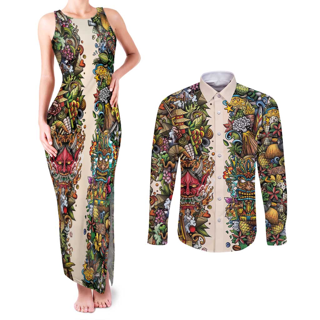 Hawaii And Japan Couples Matching Tank Maxi Dress and Long Sleeve Button Shirt Tiki With Oni Mask - Polynesian Pride