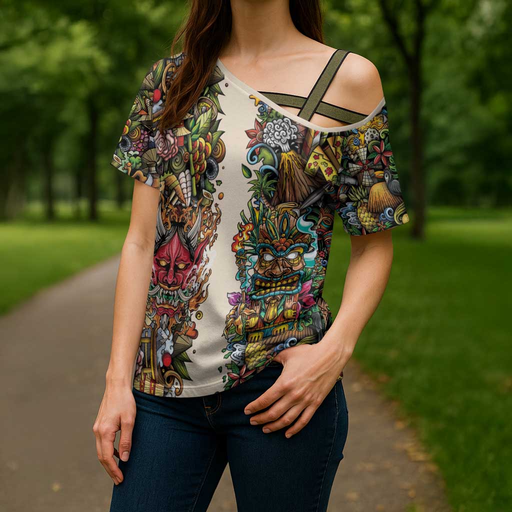 Hawaii And Japan Cross Shoulder Shirt Tiki With Oni Mask - Polynesian Pride