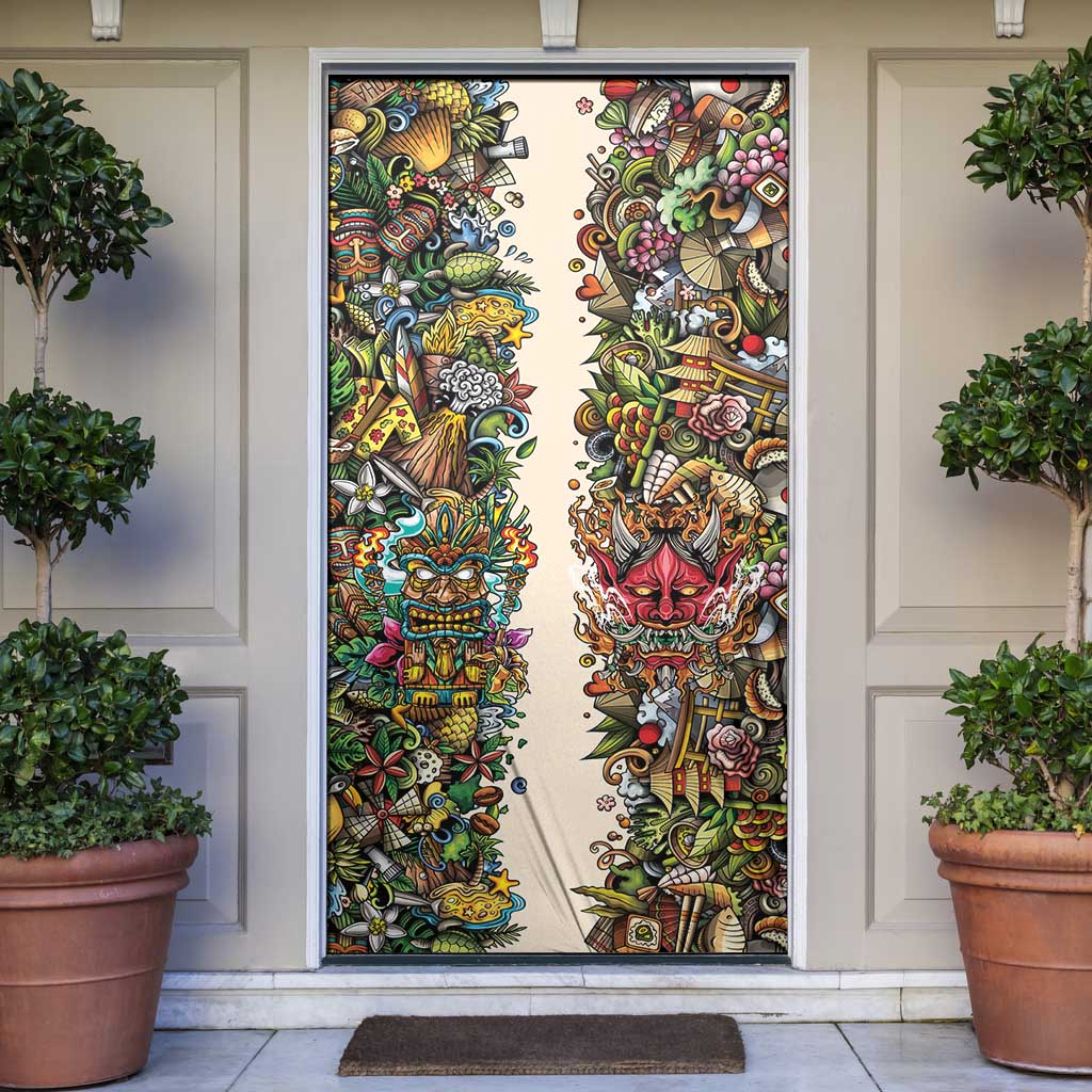 Hawaii And Japan Door Cover Tiki With Oni Mask LT05 Colorful - Polynesian Pride