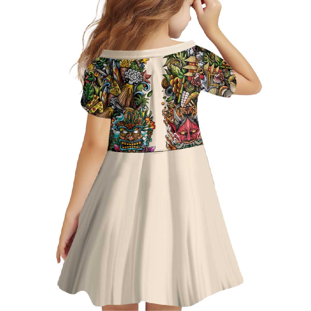 Hawaii And Japan Family Matching Long Sleeve Bodycon Dress and Hawaiian Shirt Tiki With Oni Mask - Polynesian Pride