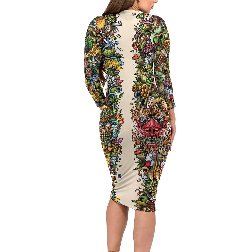 Hawaii And Japan Family Matching Long Sleeve Bodycon Dress and Hawaiian Shirt Tiki With Oni Mask - Polynesian Pride