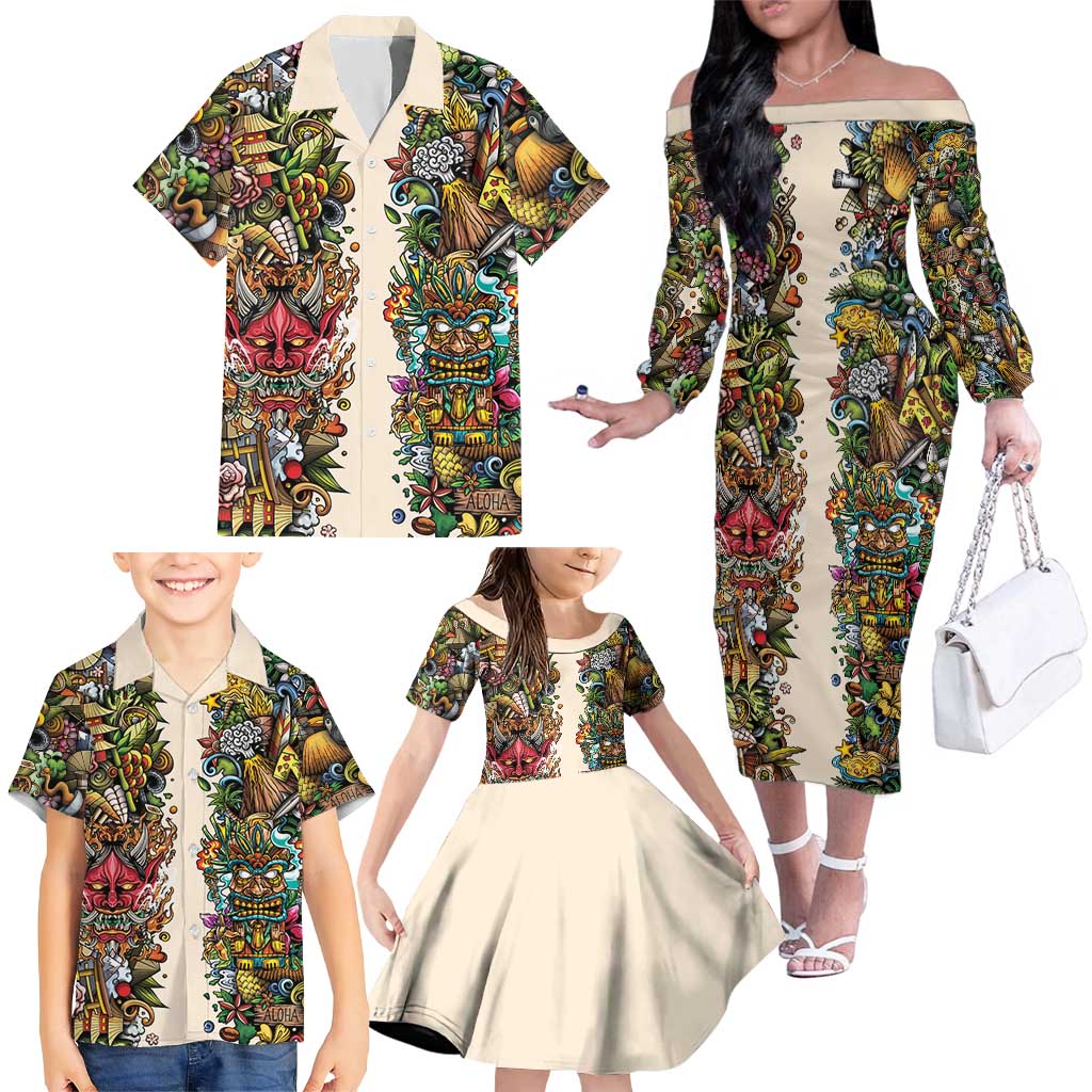 Hawaii And Japan Family Matching Off The Shoulder Long Sleeve Dress and Hawaiian Shirt Tiki With Oni Mask LT05 - Polynesian Pride