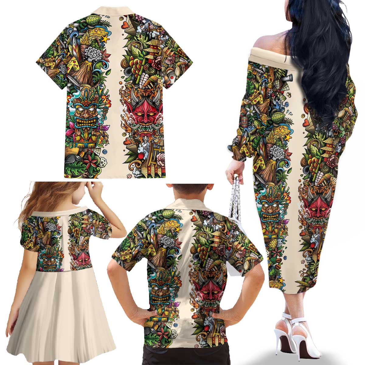 Hawaii And Japan Family Matching Off The Shoulder Long Sleeve Dress and Hawaiian Shirt Tiki With Oni Mask - Polynesian Pride