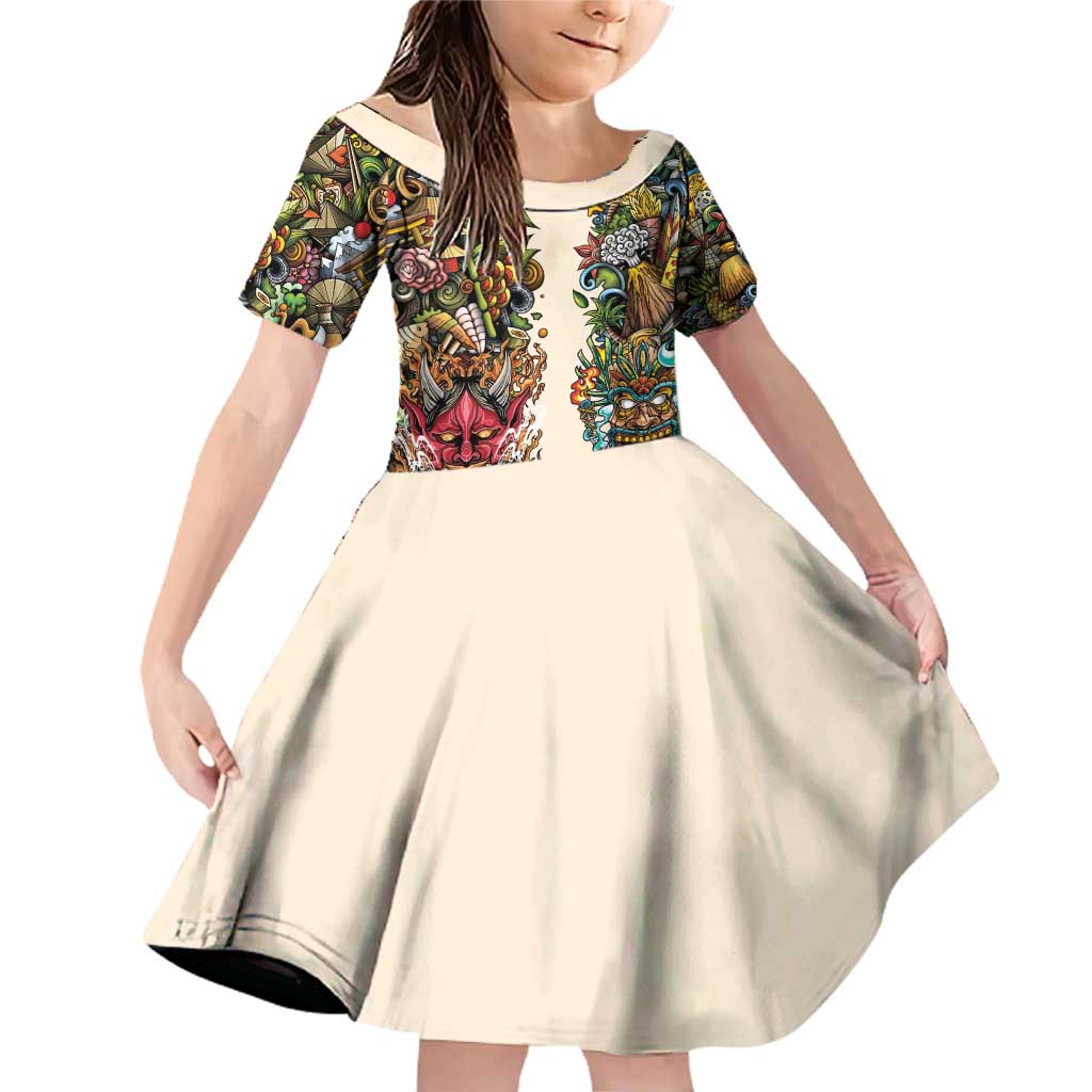 Hawaii And Japan Family Matching Off Shoulder Short Dress and Hawaiian Shirt Tiki With Oni Mask - Polynesian Pride