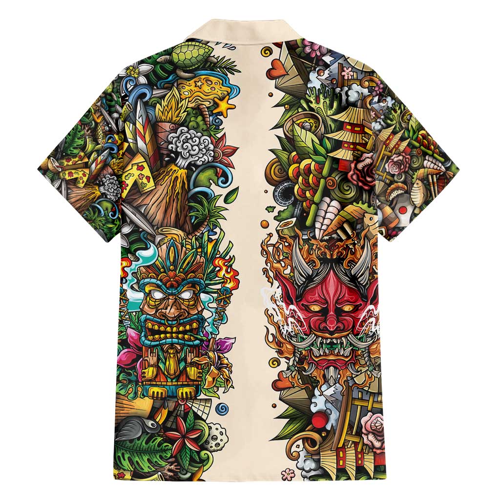 Hawaii And Japan Family Matching Off Shoulder Short Dress and Hawaiian Shirt Tiki With Oni Mask - Polynesian Pride